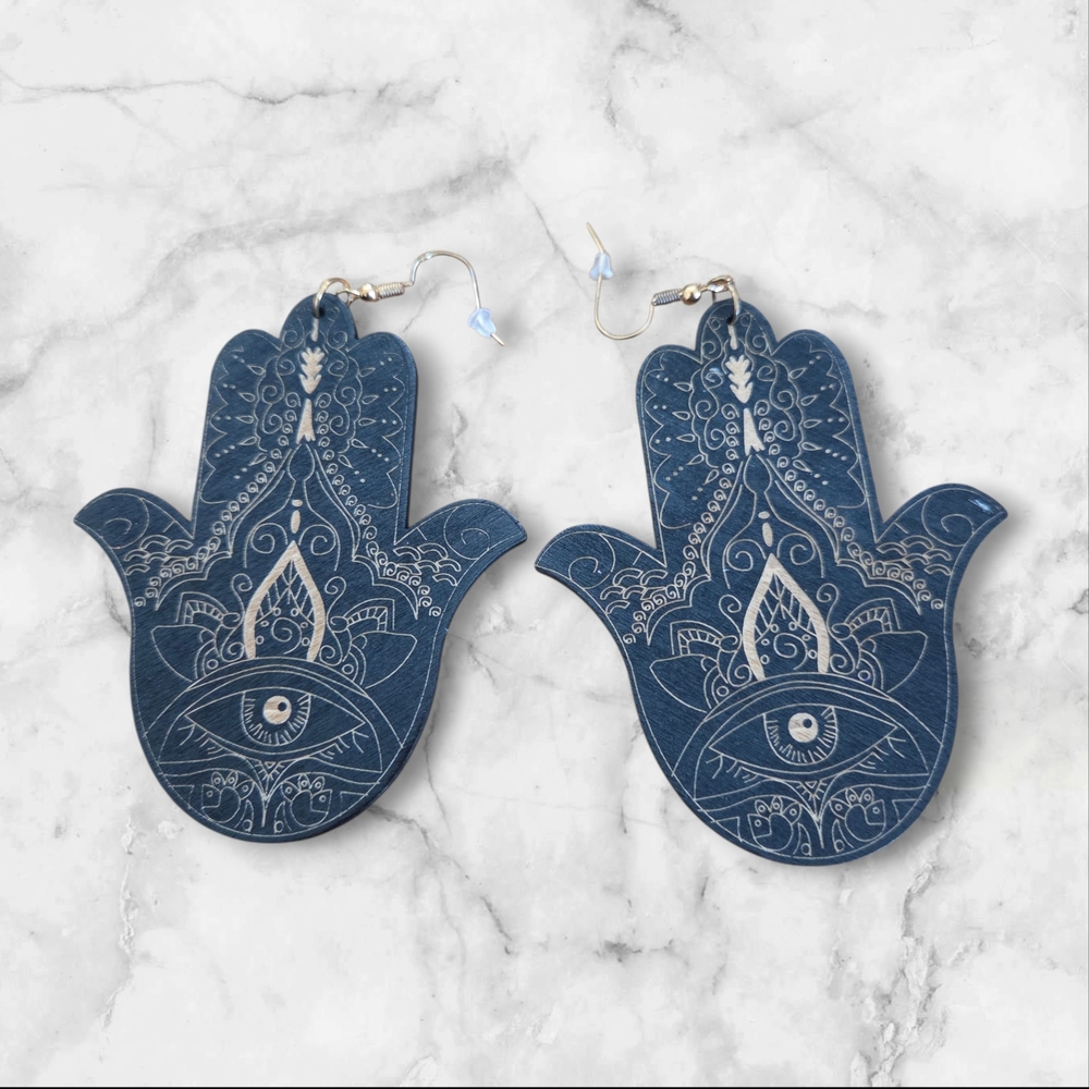 Pastels Clothing Navy Hamsa Hand Dangle Earrings with Eye Charm